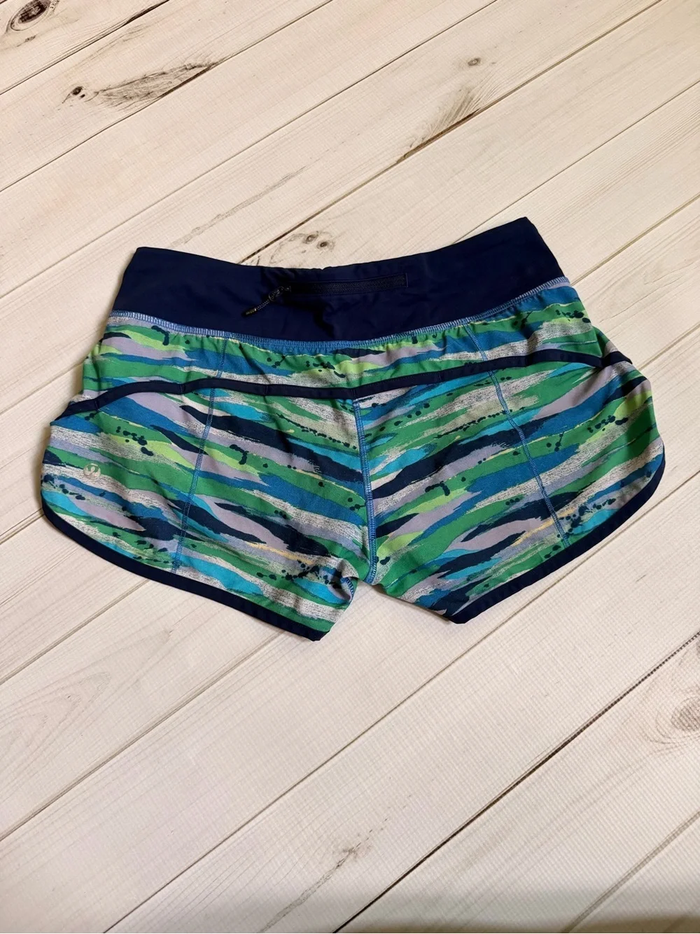lululemon athletica Navy Waistband Blue & Green Striped Running Shorts